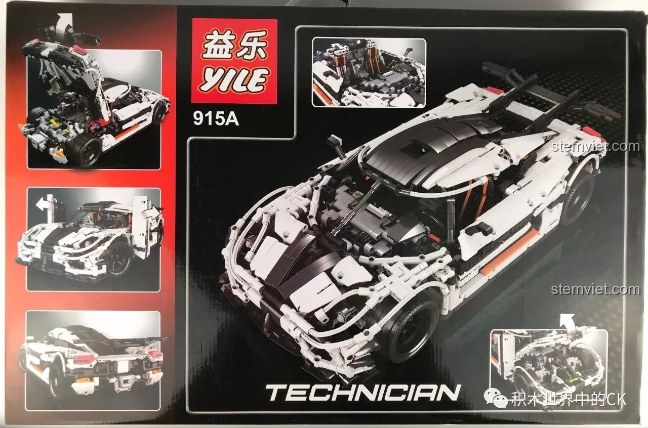 Mặt sau hộp bộ xếp hình Cỗ máy tốc độ Koenigsegg One:1 YILE 915A, mô tả các chức năng có thể chuyển động của xe.