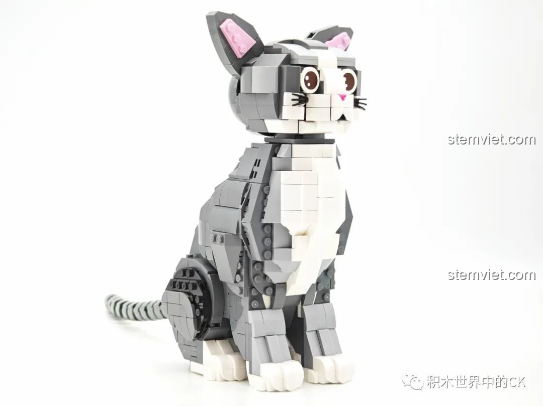 Trải nghiệm ZHEGAO 6118 Mèo xám với biểu cảm mắt khác, thể hiện sự linh hoạt và sáng tạo của bộ đồ chơi.