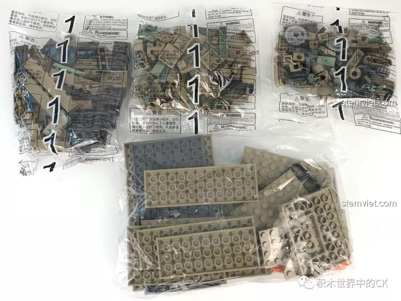 Các túi chi tiết được đánh số 1 của bộ lắp ráp KAZI KY10000, chuẩn bị cho quá trình lắp ráp.