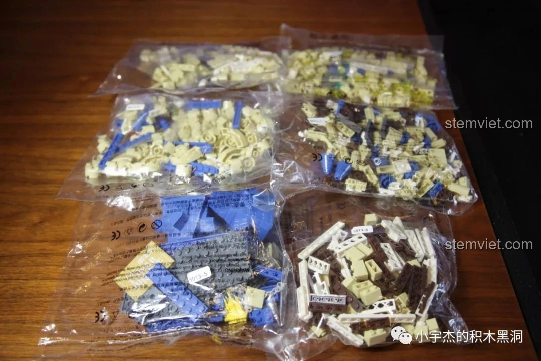 Các túi mảnh ghép của bộ WANGE 4219 Cầu Tháp Luân Đôn được phân loại rõ ràng.