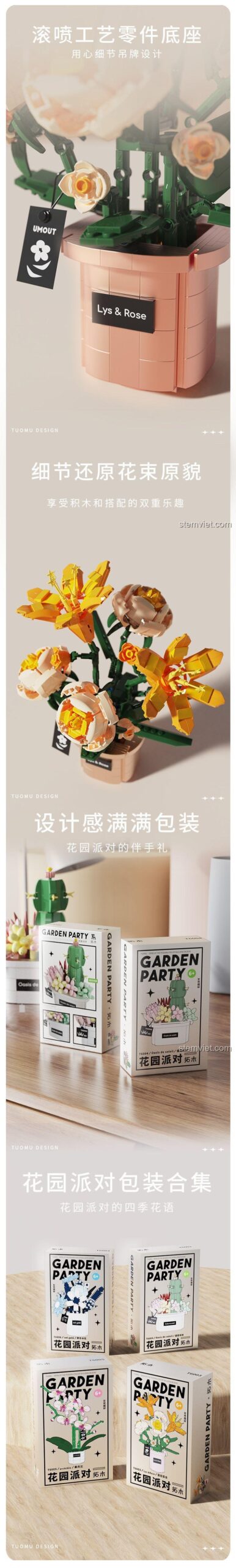 Chi tiết chậu hoa của bộ lắp ghép Tuomu T6003 Hoa Bách Hợp Hoàng Hôn, đồ chơi mô hình trang trí, cho bé gái 6 tuổi.