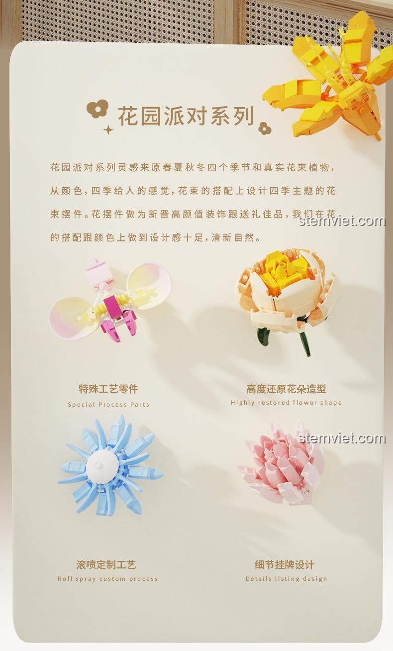 Cận cảnh mô hình Hoa Bách Hợp Hoàng Hôn Tuomu T6003, đồ chơi xây dựng chi tiết cao, phù hợp con gái 6 tuổi.