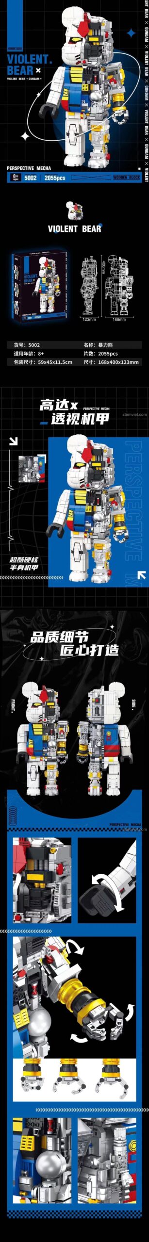 Chi tiết và kích thước bộ lắp ráp Gấu Bearbrick 5002, cao 40cm, thiết kế nửa cơ khí độc đáo.