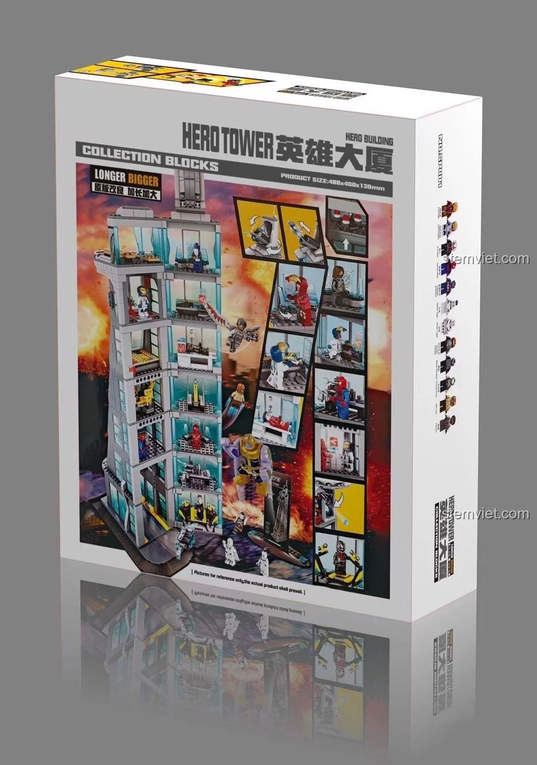 Mặt sau hộp bộ xếp hình Trụ sở Biệt đội Siêu Anh Hùng SP001, thể hiện các tầng và minifigures. Đồ chơi sáng tạo cho bé trai.