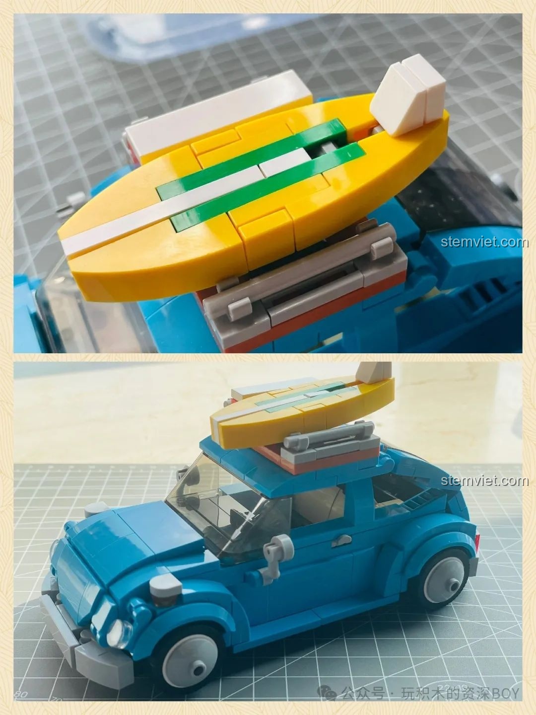 Chi tiết ván lướt sóng màu vàng rực rỡ được gắn trên nóc mô hình Pinbo PB8805 Xe Volkswagen Beetle Cắm Trại.