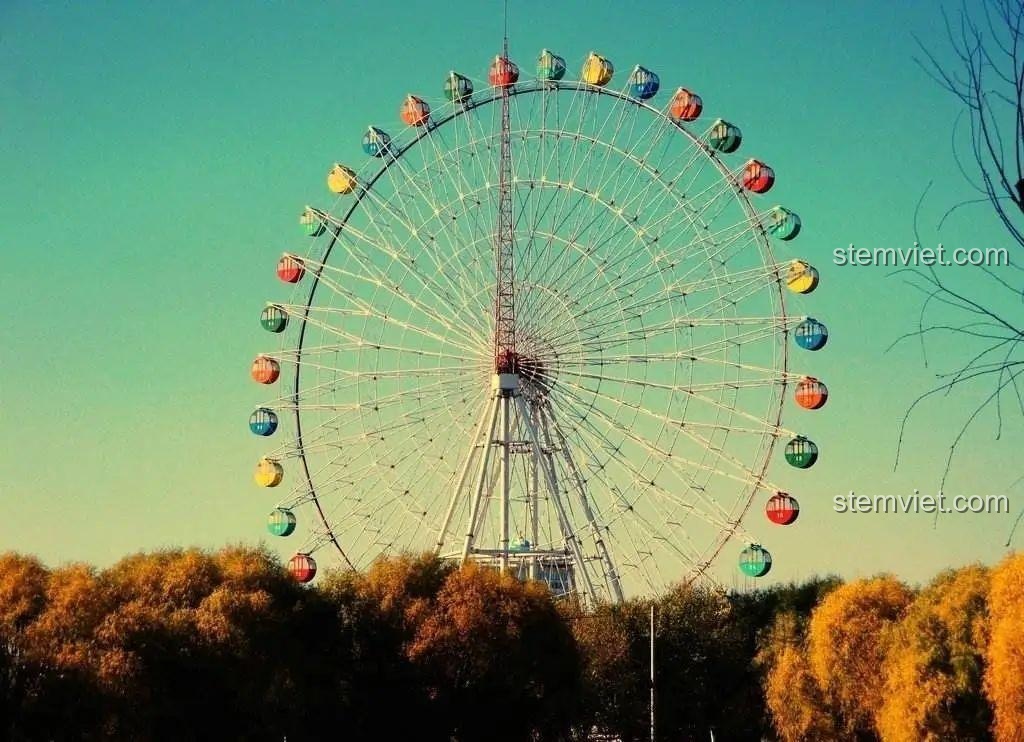 Hình ảnh vòng quay Ferris Wheel khổng lồ rực rỡ, biểu tượng của niềm vui và sự kỳ diệu trong các công viên giải trí.
