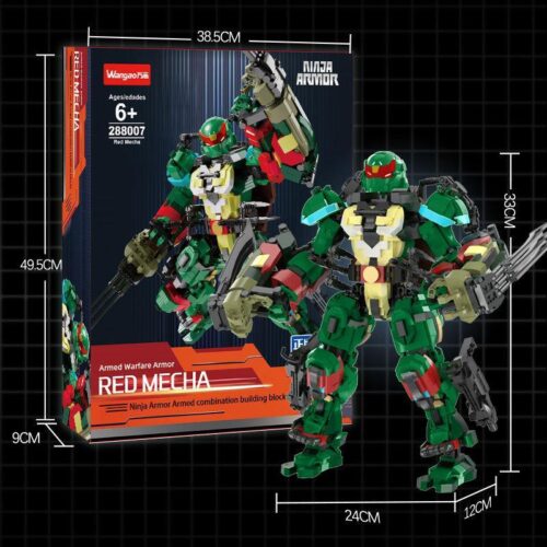 Wangao 288007 Red Mecha Ninja Armor Armed Warfare Armor building block set, green and red mecha with weapons, suitable for boys aged 6+, with dimensions shown on the box.