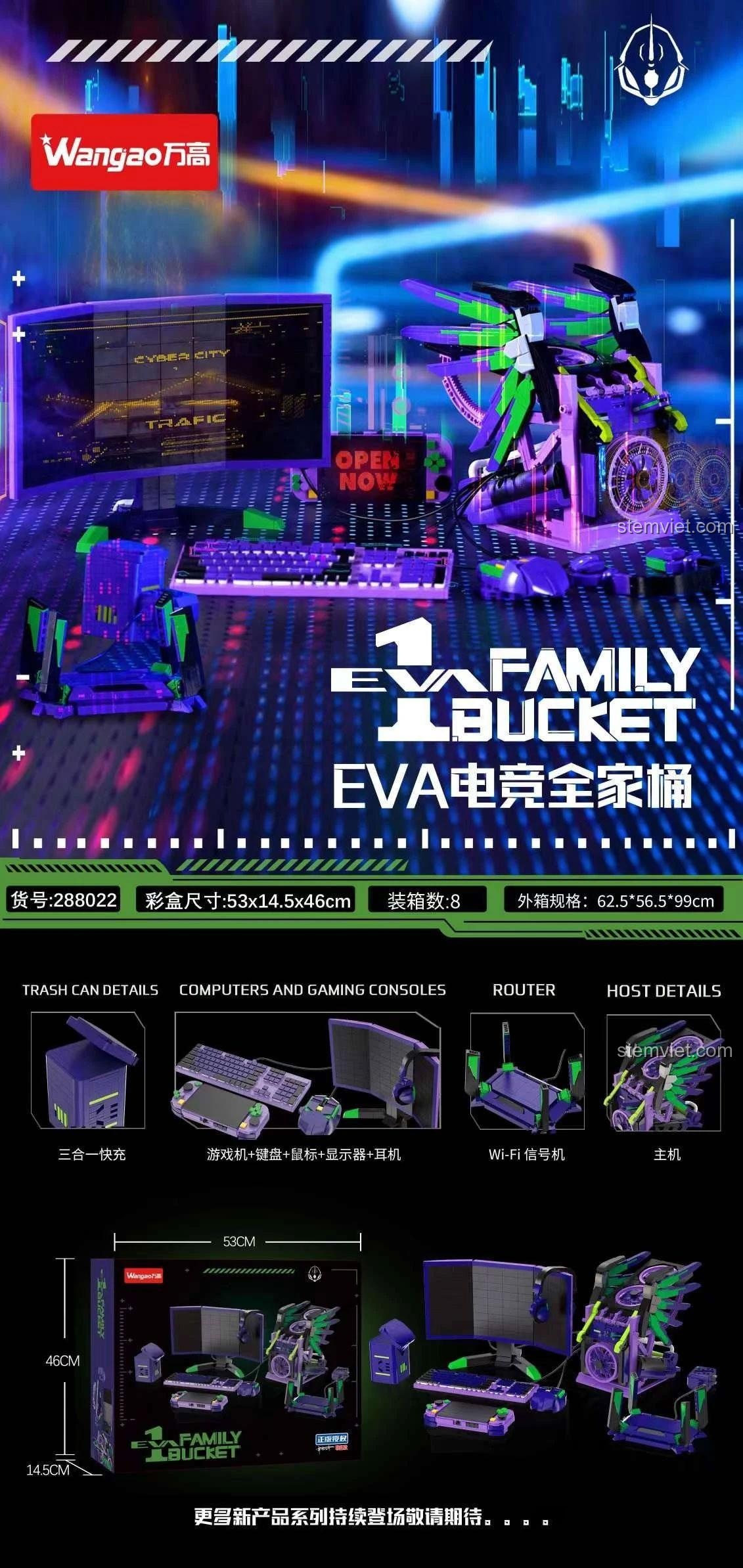 Poster quảng cáo cho bộ đồ chơi mô hình Wangao 288022, mô tả một góc gaming cực chất với ánh đèn neon, phù hợp cho người hâm mộ Evangelion.