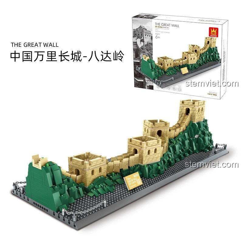 Hình ảnh thực tế và hộp của bộ lắp ghép Vạn Lý Trường Thành WANGE 6216, thể hiện quy mô hoành tráng của mô hình.
