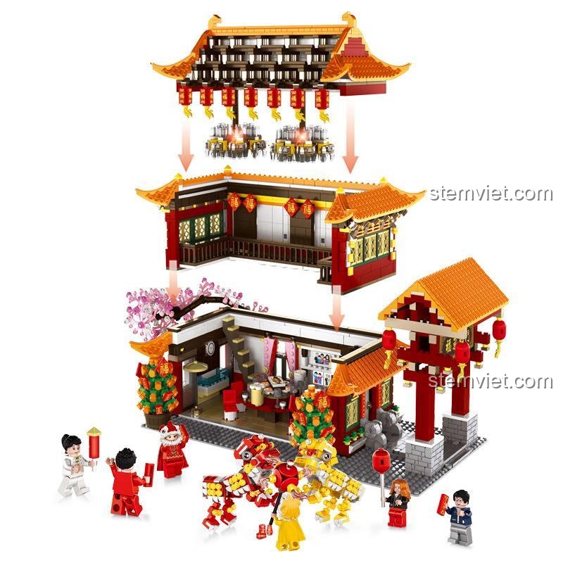 Bộ xếp hình WANGE 6315 với thiết kế tách lớp thông minh, cho phép khám phá nội thất chi tiết bên trong ngôi nhà ngày Tết.