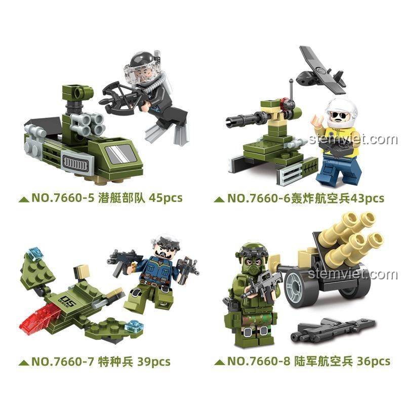 4 mô hình quân sự nhỏ từ đồ chơi mô hình WANGE: lính tàu ngầm, phi công ném bom, lính đặc nhiệm, lính không quân lục chiến.