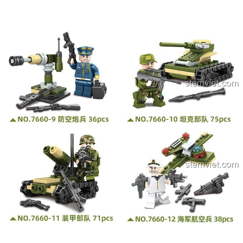 4 mô hình quân sự nhỏ từ bộ đồ chơi xây dựng Cỗ máy chiến tranh: lính phòng không, đơn vị xe tăng, đơn vị thiết giáp, phi công hải quân.
