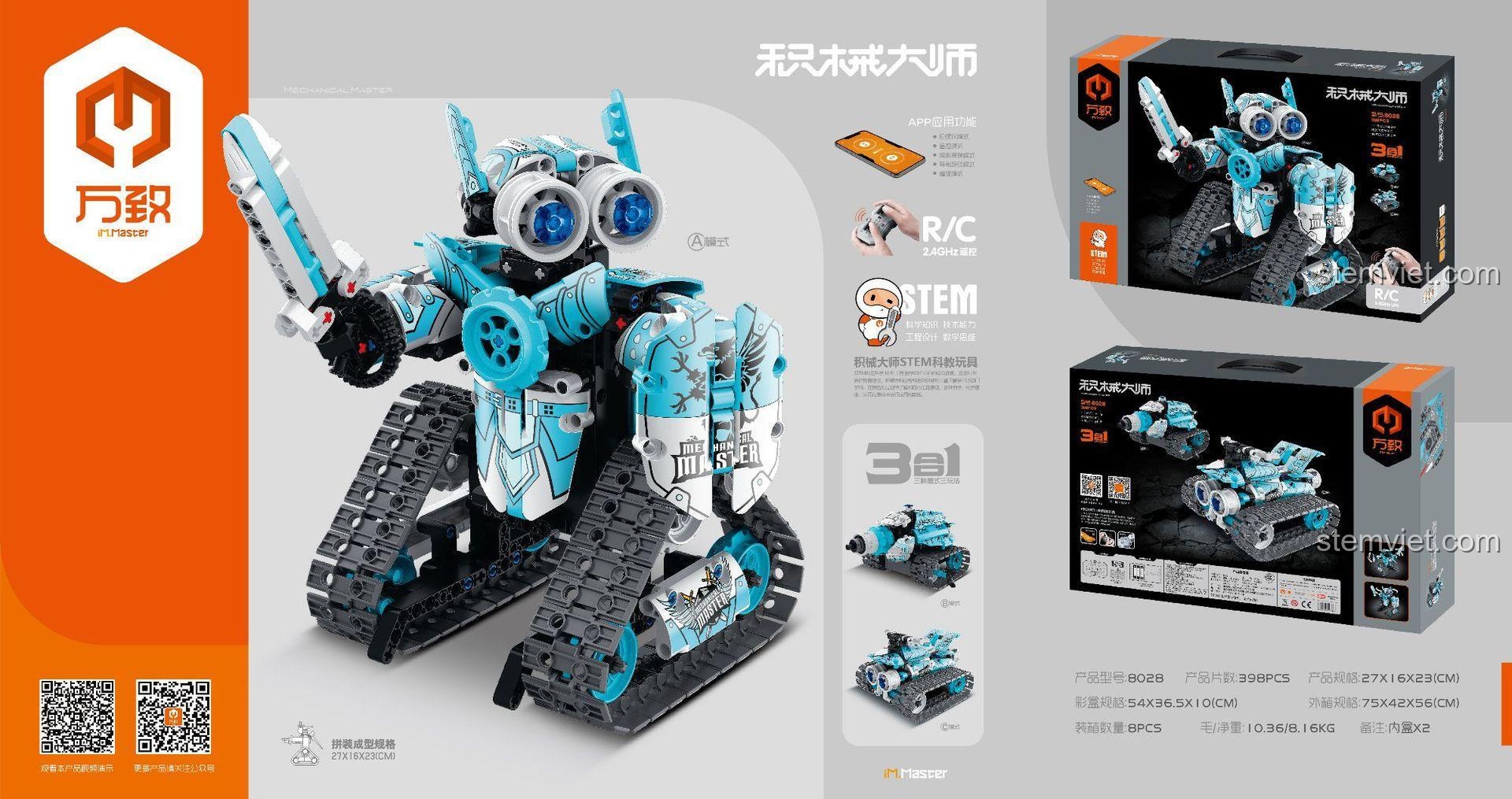 Đồ chơi mô hình Robot STEM 8028, lập trình qua app, 3 trong 1, với thông số chi tiết và kích thước.