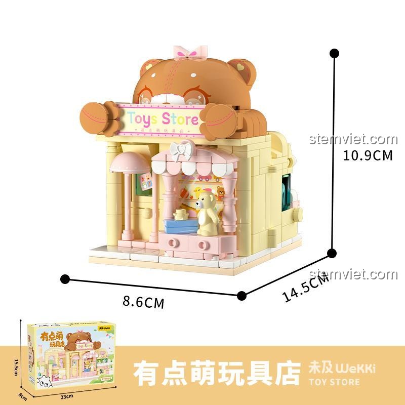 Kích thước chi tiết của đồ chơi xếp hình Wekki 516613 Tiệm đồ chơi dễ thương, phù hợp cho bé gái.