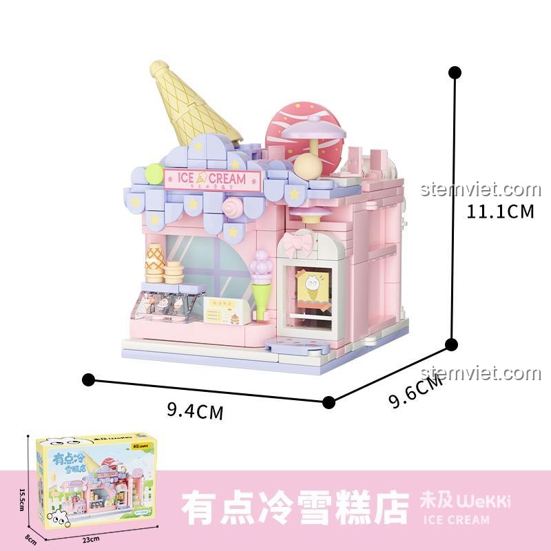 Kích thước chi tiết của đồ chơi xếp hình Tiệm kem mini 516614 và hộp sản phẩm, món quà giá rẻ cho bé gái.