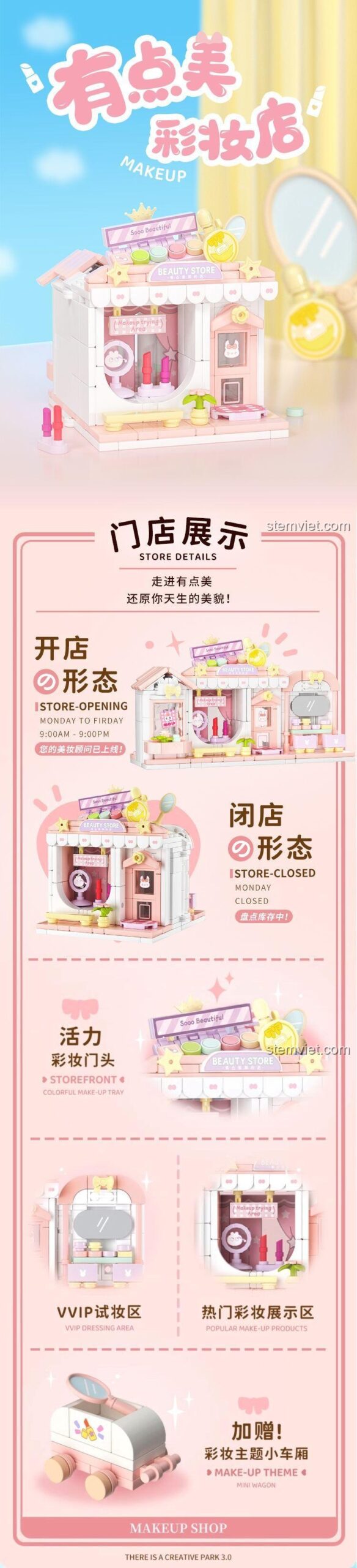 Poster giới thiệu các chi tiết và tính năng của bộ đồ chơi Wekki 516615 Cửa hàng làm đẹp.