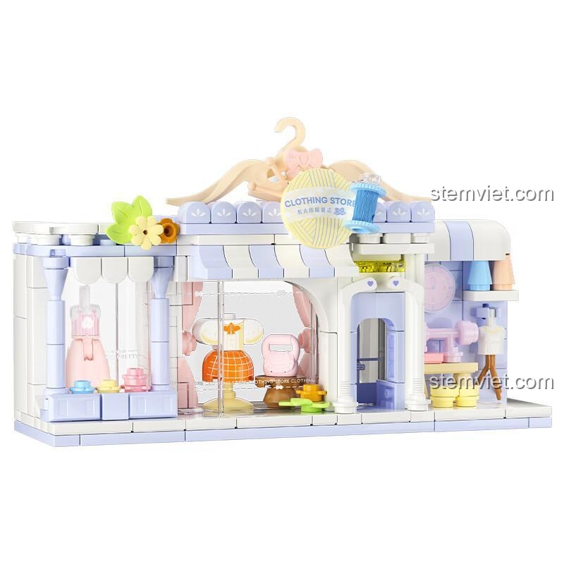 Mặt sau của bộ xếp hình 516616 Shop quần áo dễ thương, cho thấy các chi tiết trang trí bên trong.