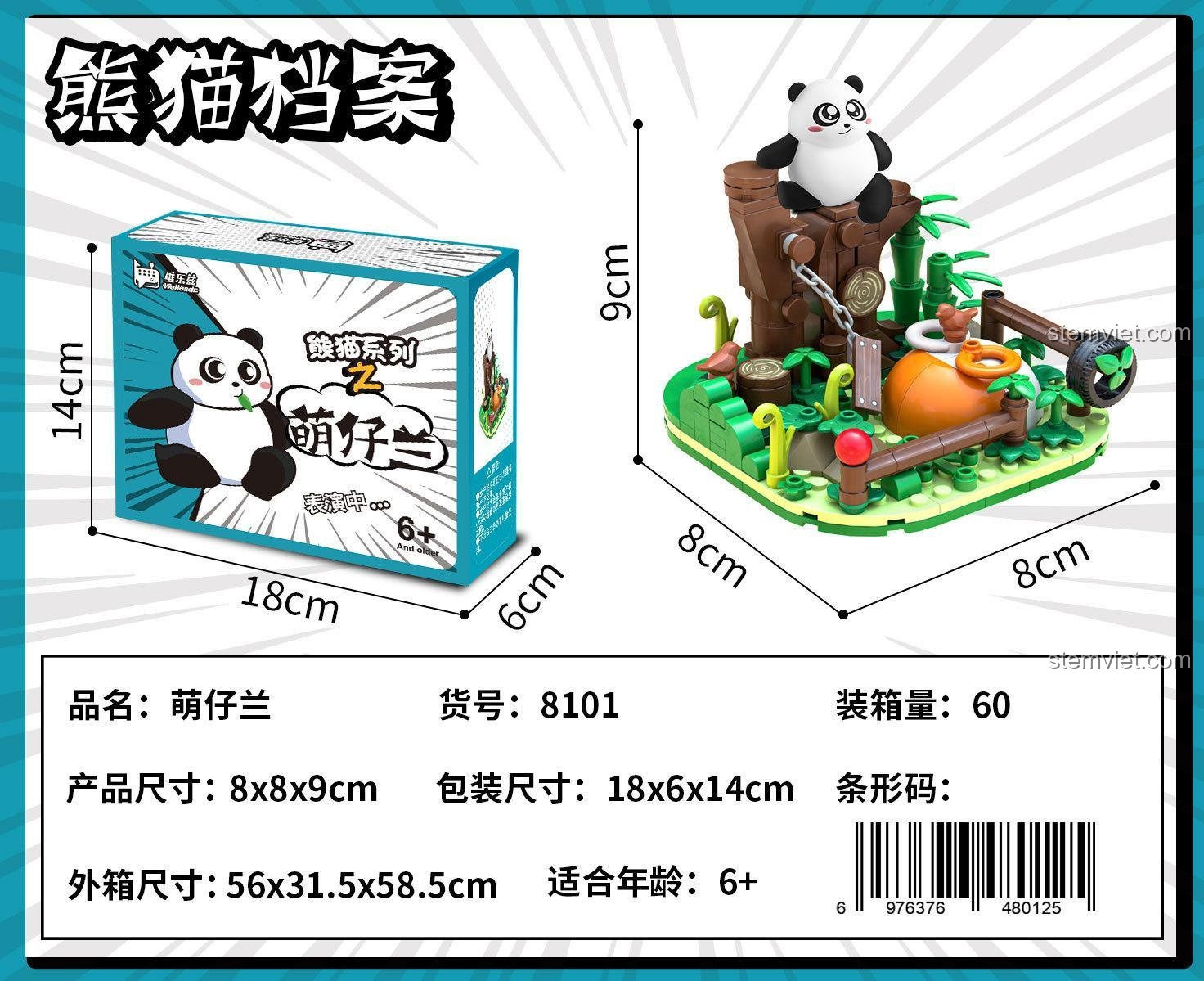 Kích thước hộp và mô hình Welleadz 8101 Gấu Trúc Meng Zai Lan, bộ lắp ghép Gấu Trúc Đáng Yêu, đồ chơi giáo dục cho trẻ 6 tuổi, chất lượng cao.
