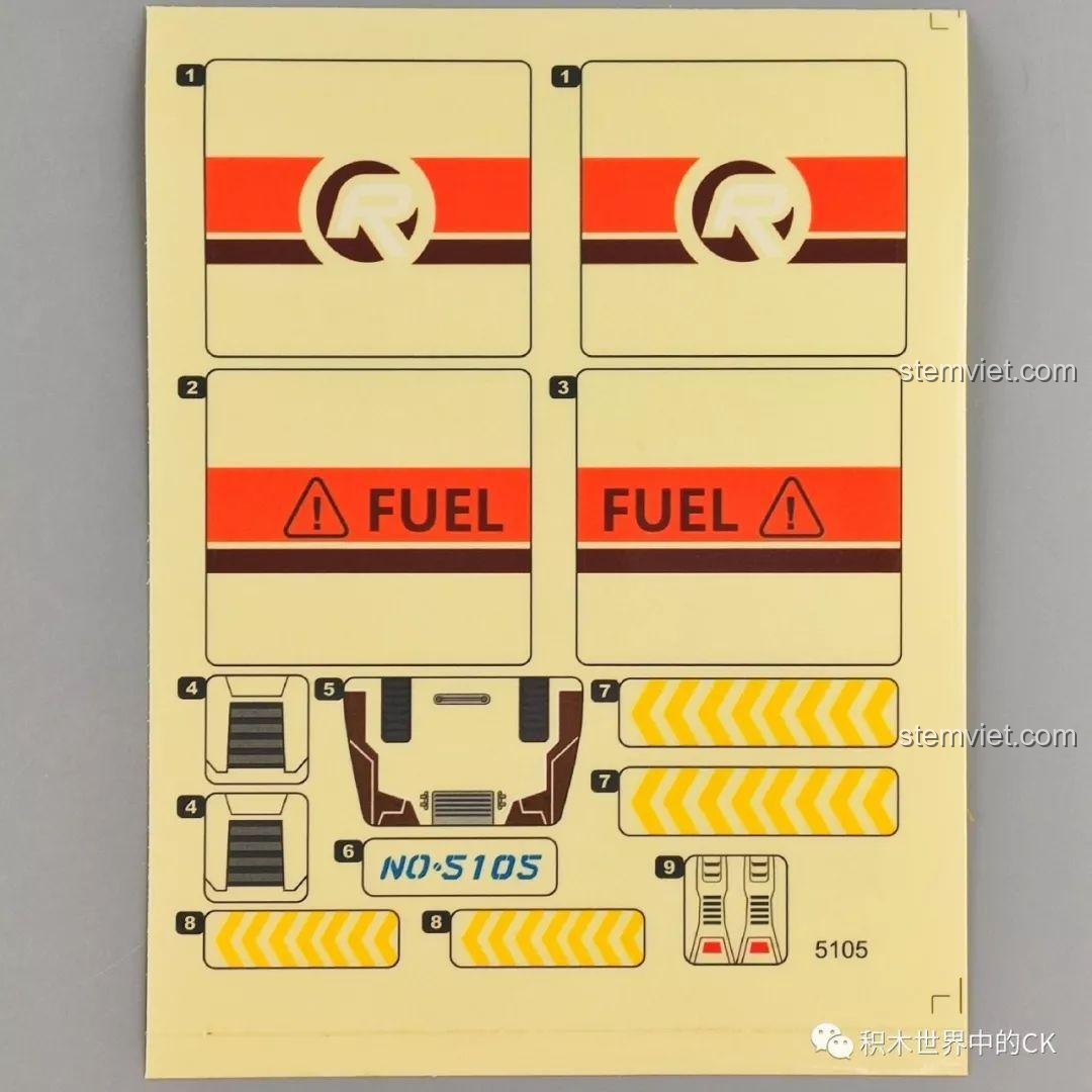 Tấm decal dán chi tiết cho bộ lắp ráp Winner 5105 Căn Cứ Dầu Mỏ, bao gồm các logo, số hiệu và họa tiết trang trí cho xe tải và trạm dầu.