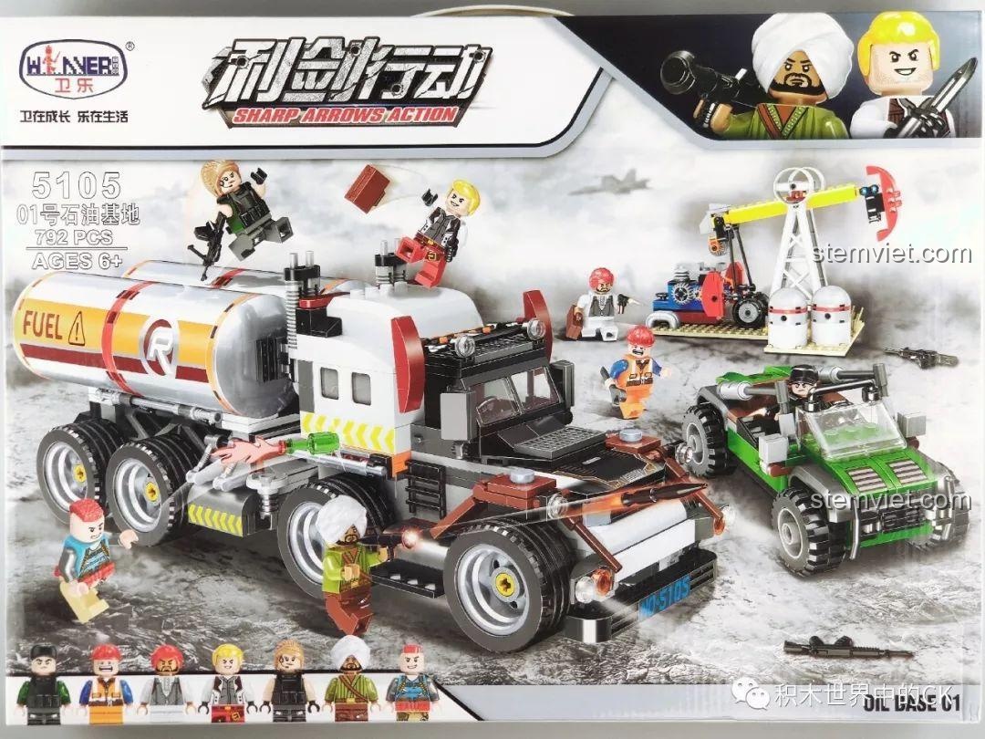 Hộp đồ chơi lắp ráp Winner 5105 Căn Cứ Dầu Mỏ Sharp Arrows Action với hình ảnh xe tải chở dầu, xe jeep và trạm khai thác dầu, cùng các minifigures.
