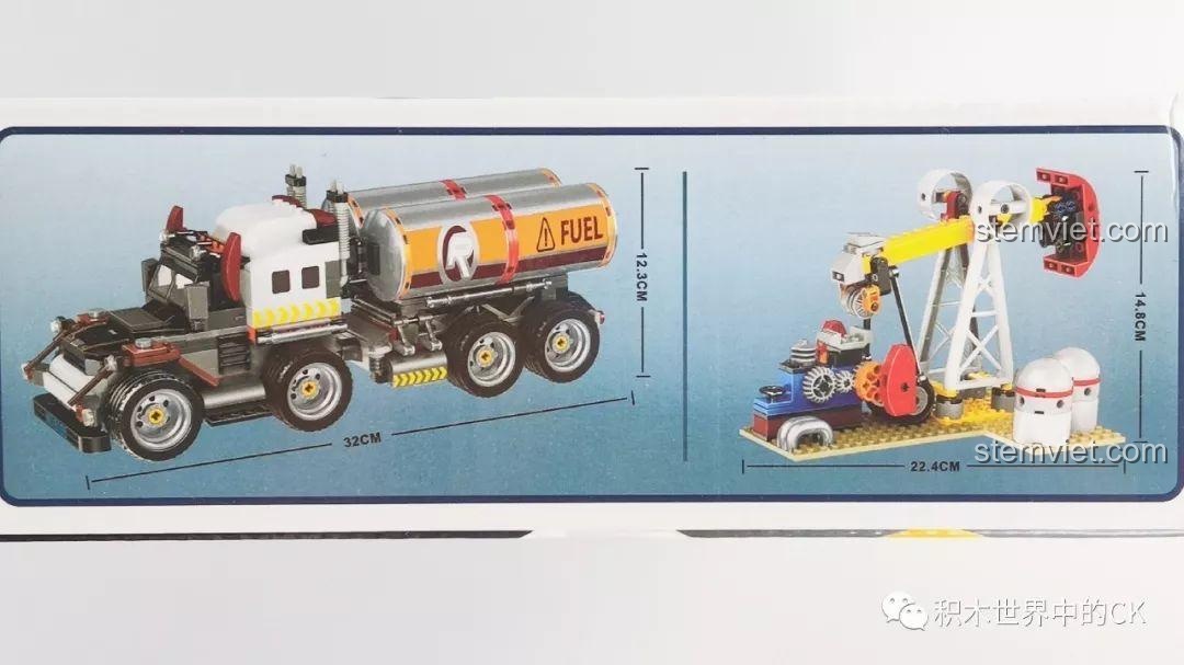 Thông số kích thước của mô hình xe tải chở dầu và trạm khai thác dầu trong bộ lắp ráp Winner 5105 Căn Cứ Dầu Mỏ, giúp hình dung quy mô sản phẩm.