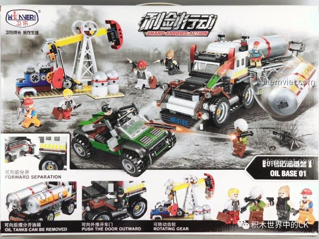 Mặt sau hộp đồ chơi lắp ráp Winner 5105 Căn Cứ Dầu Mỏ, hiển thị các tính năng tương tác của mô hình xe tải và trạm khai thác dầu.