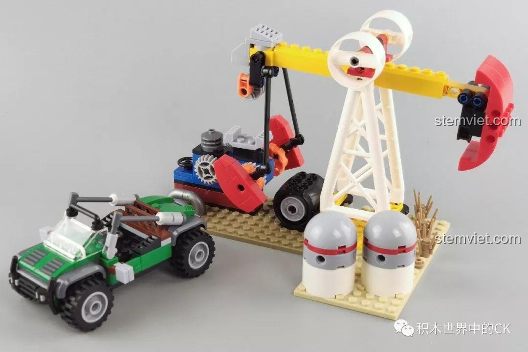 Mô hình trạm khai thác dầu và xe Jeep quân sự đã lắp ráp hoàn chỉnh từ bộ Winner 5105 Căn Cứ Dầu Mỏ, tạo nên một cảnh quan sinh động.