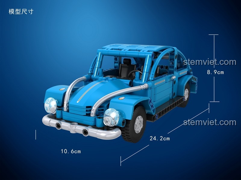 Mô hình xe cổ điển Volkswagen Beetle Winner 7090 màu xanh dương với kích thước chi tiết, thể hiện thiết kế độc đáo và tỉ lệ chuẩn.