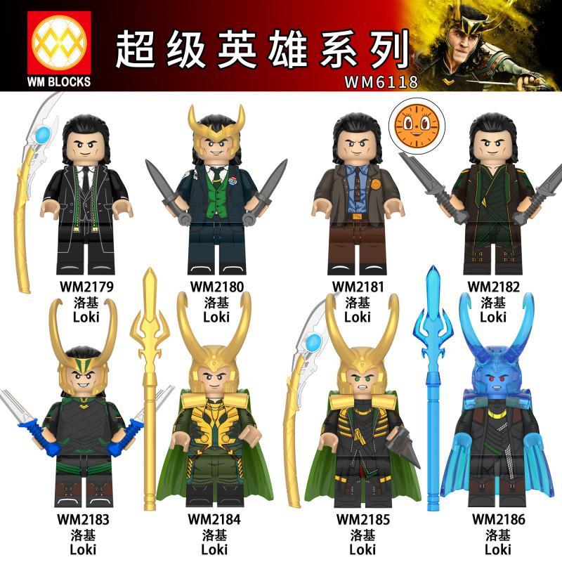 Bộ 8 minifigure Loki WM6118, đồ chơi mô hình Thần Lừa Lọc Loki giá rẻ cho bé trai 6 tuổi. Bao gồm President Loki, Classic Loki và nhiều biến thể khác.