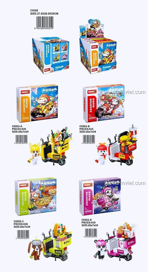 Hình ảnh các hộp lẻ và hộp trưng bày của bộ đồ chơi mô hình WOMA C0352, gồm shipper Corgi, Gấu Bắc Cực, Chó Săn và Gấu Trúc.