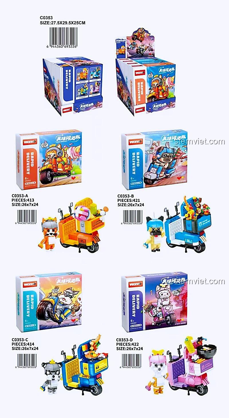 Chi tiết 4 mẫu đồ chơi xếp hình WOMA C0353 Biệt đội shipper thú cưng giá rẻ, bao gồm thông số và kích thước từng hộp.