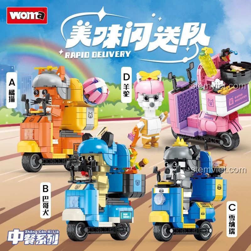 Mô hình 4 shipper thú cưng từ bộ đồ chơi WOMA 0353 Đội Giao Hàng Thần Tốc sau khi lắp ráp hoàn chỉnh.