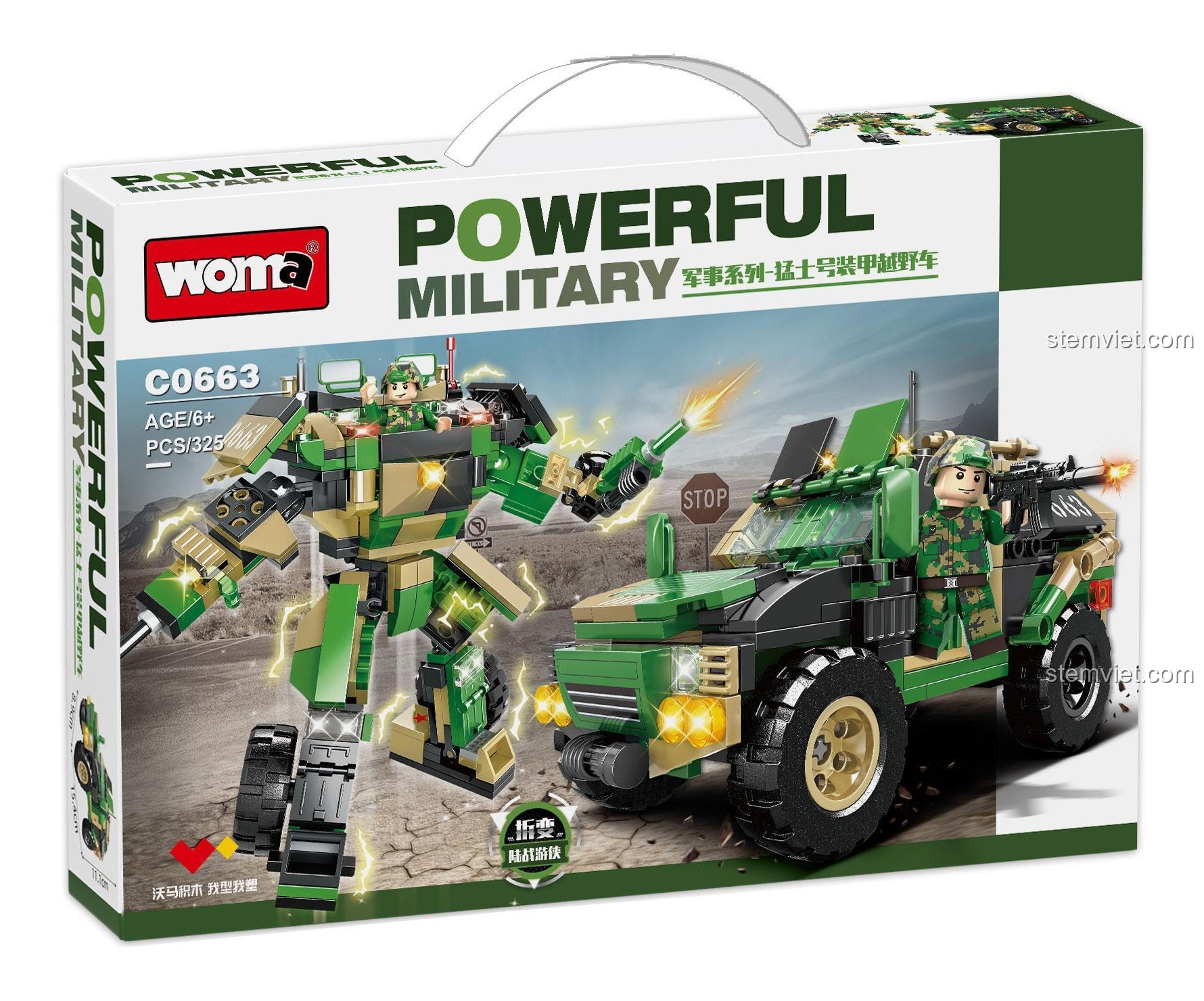 Hộp bộ xếp hình Mô Hình Quân Sự Biến Hình WOMA C0663 Powerful Military 325 mảnh, đồ chơi lắp ghép WOMA cho bé trai, giá bình dân