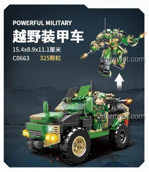 Đồ chơi lắp ghép Xe Jeep Quân Sự WOMA C0663 Powerful Military với kích thước mô hình 15.4x8.9x11.1cm, phù hợp bé trai 6 tuổi, giá tiết kiệm