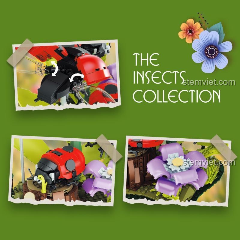 Các tính năng nổi bật của bộ xếp hình Bọ rùa bảy chấm Xbert 66108, bao gồm khớp cử động và chi tiết hoa lá tinh xảo.