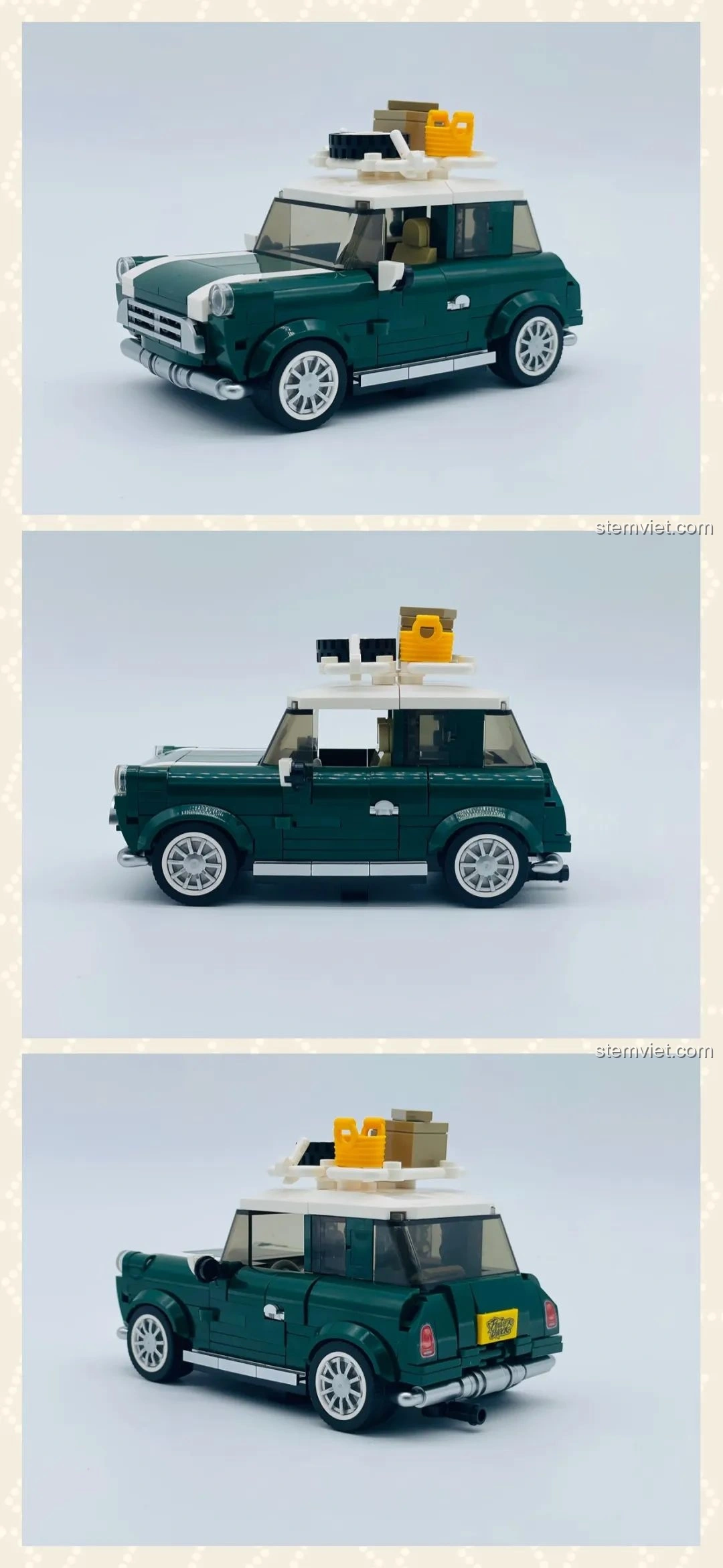 Ba góc nhìn khác nhau của mô hình xe MINI Camper Thời Gian Hè Power Block PB8804 đã hoàn thiện, phô diễn vẻ đẹp và chi tiết.