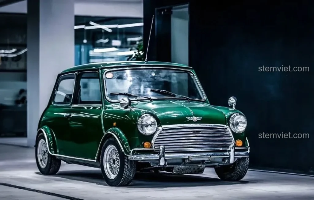 Hình ảnh xe MINI Cooper cổ điển màu xanh lá cây, biểu tượng của phong cách và sự nhỏ gọn, truyền cảm hứng cho bộ lắp ráp Power Block PB8804.