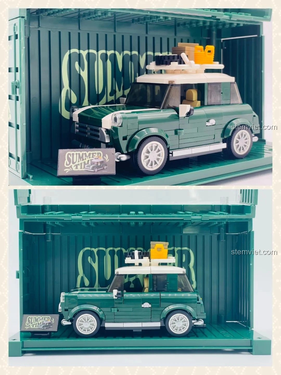 Mô hình xe MINI Camper Thời Gian Hè Power Block PB8804 được đặt trong hộp trưng bày container màu xanh lá cây, tăng tính thẩm mỹ.