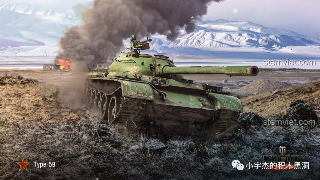 Hình ảnh xe tăng Type 59 trong môi trường chiến đấu, khói bụi mịt mù, thể hiện sự mạnh mẽ của mô hình SEMBO 203105.