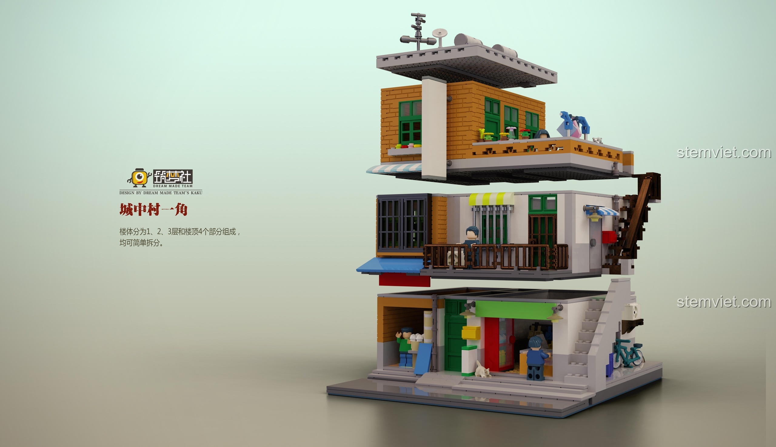 Cấu trúc module của bộ XINGBAO XB-01013 Mô hình Khu Phố Cổ, cho phép tách rời các tầng để khám phá bên trong.