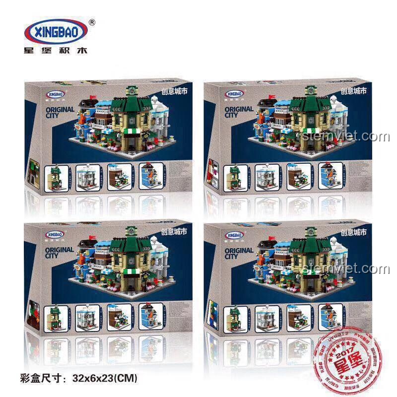 Bốn hộp nhỏ của bộ đồ chơi mô hình Khu phố thu nhỏ Xingbao XB-01105, thể hiện 4 cửa hàng có thể lắp ráp.