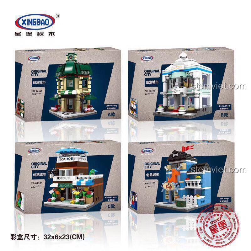 Tổng quan 4 mẫu cửa hàng mini trong bộ xếp hình Xingbao XB-01105: Cà phê, Cưới, Hoa, Thú cưng.