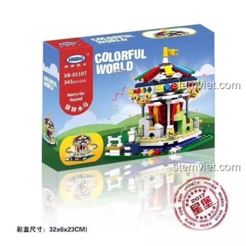 Hộp sản phẩm đồ chơi xếp hình XINGBAO XB-01107, với hình ảnh Vòng Xoay Ngựa Gỗ sống động và thông tin 343 chi tiết. Lựa chọn đồ chơi giá tốt cho bé.
