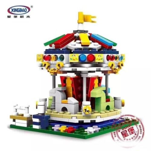 Ảnh chụp chi tiết bộ lắp ghép Vòng xoay ngựa gỗ XINGBAO XB-01107 sau khi hoàn thiện, thể hiện màu sắc rực rỡ và các chú ngựa mini dễ thương. Món quà ý nghĩa cho bé gái 6 tuổi.