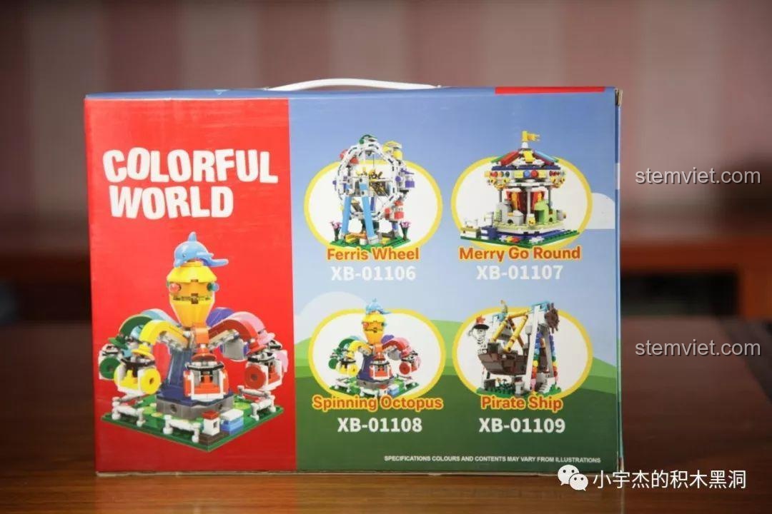 Mặt sau hộp bộ đồ chơi Xingbao 01108, giới thiệu các bộ khác trong series Colorful World.