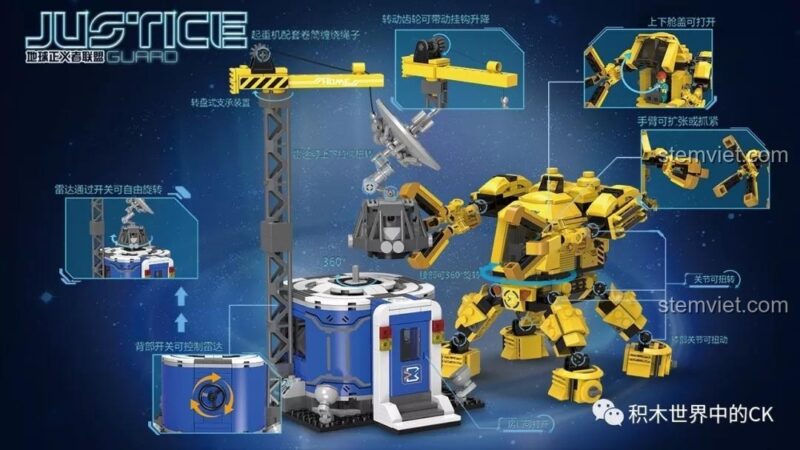 Các tính năng của bộ xếp hình Trạm điều khiển vệ tinh Xingbao 2103: cần cẩu xoay, buồng lái mở, khớp linh hoạt.