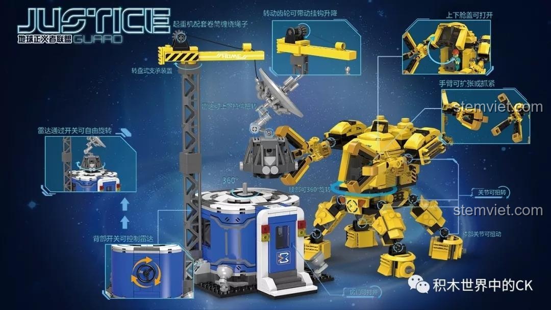 Các tính năng của bộ xếp hình Trạm điều khiển vệ tinh Xingbao 2103: cần cẩu xoay, buồng lái mở, khớp linh hoạt.