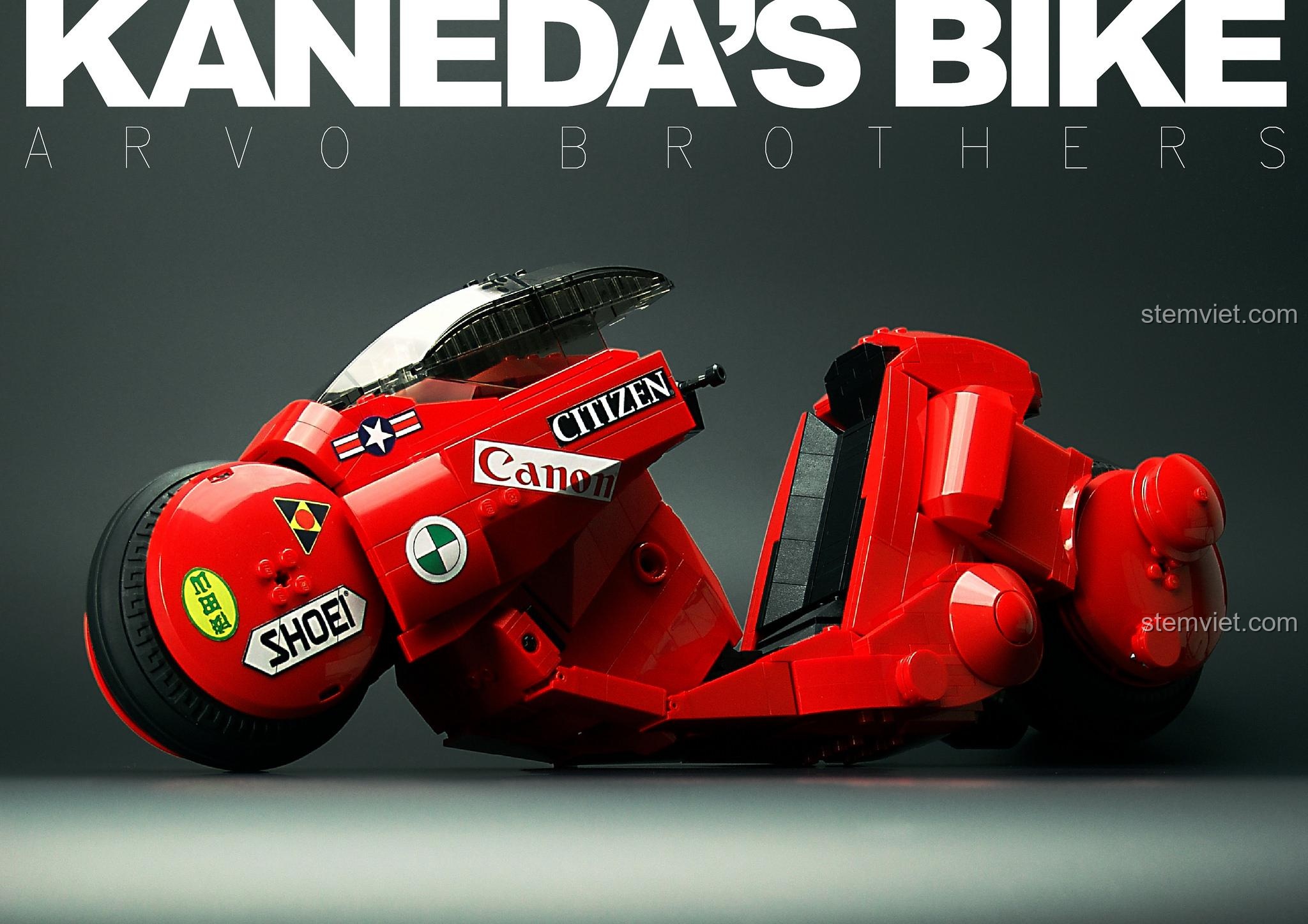 Poster quảng cáo bộ xếp hình Mô tô Cyberpunk Kaneda's Bike của Arvo Brothers, một sản phẩm ấn tượng cho người sưu tầm.