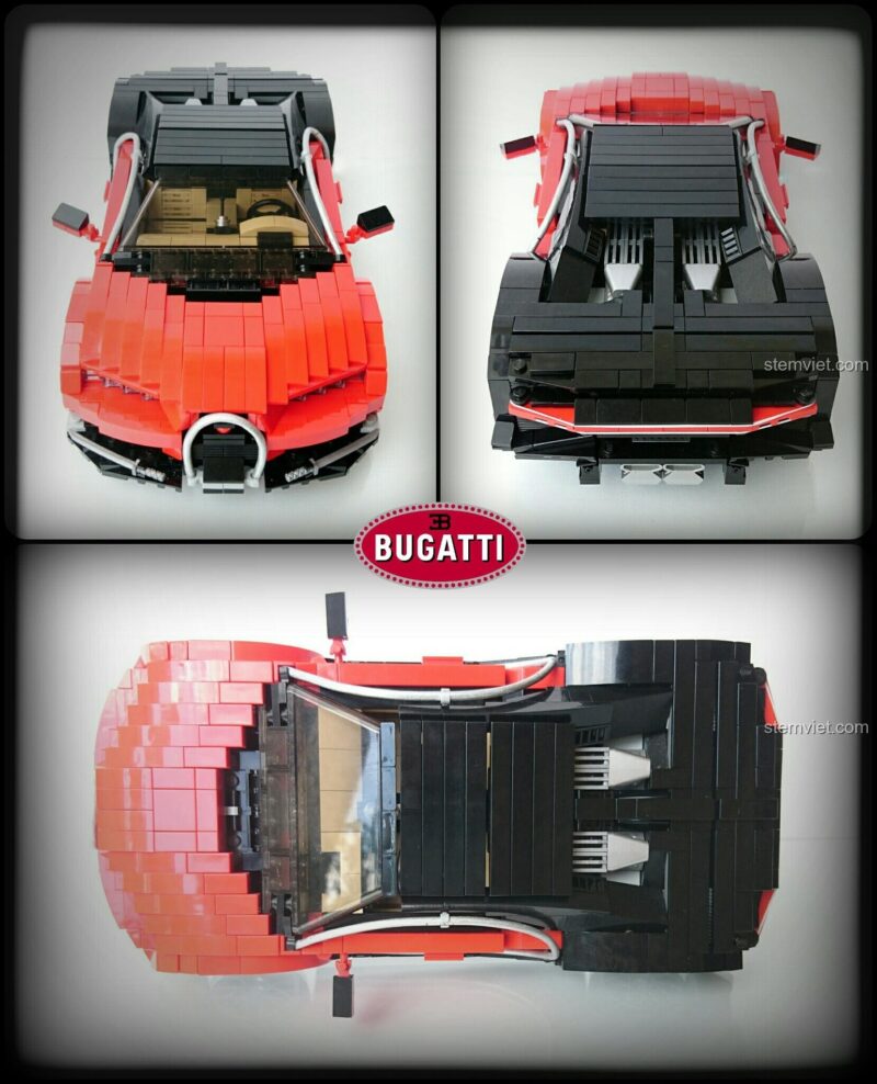Ba góc nhìn từ trên xuống của bộ lắp ráp Siêu xe Bugatti Chiron, cho thấy thiết kế tổng thể.