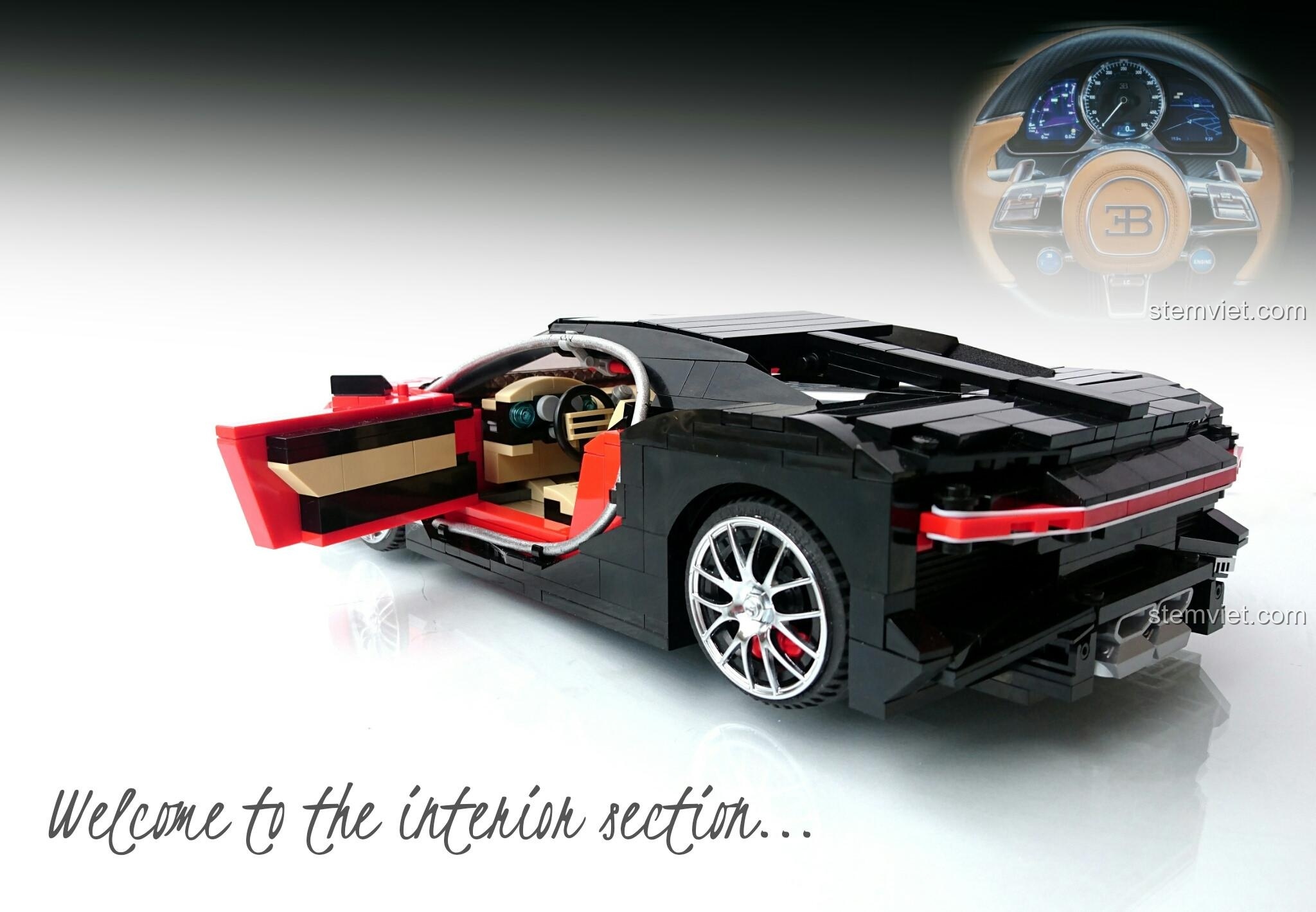 Bộ ảnh 3 góc nhìn của đồ chơi lắp ghép Siêu xe Bugatti Chiron Xingbao: phía trước, phía sau và bên hông.